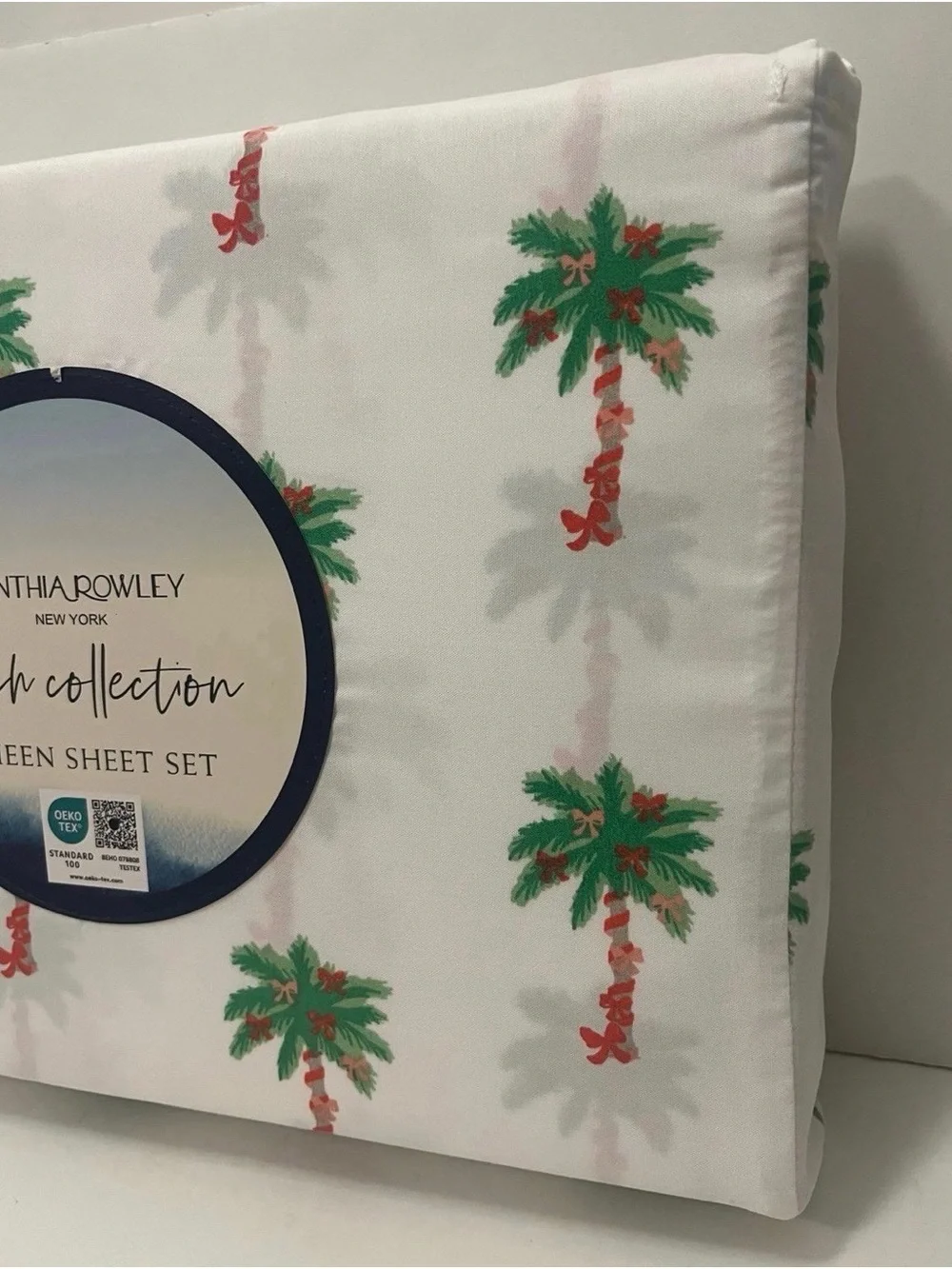 Cynthia Rowley Beach Collection Queen Size Sheet Set Bows on Palm Trees